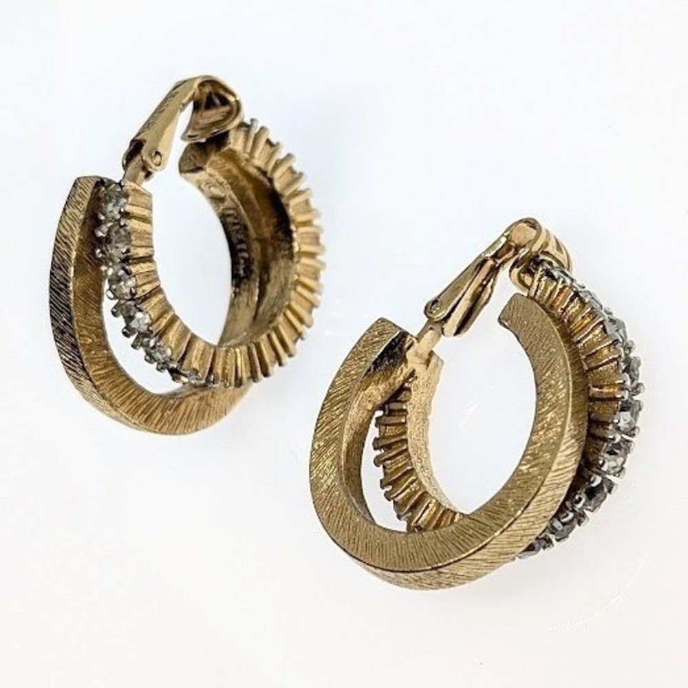 Vintage PANETTA Earrings Double Semicircle Huggies Rhinestone Gold Tone Clip On